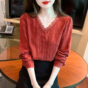 法式v领蕾丝红色衬衫女春秋2023薄款长袖小衫高级感气质上衣