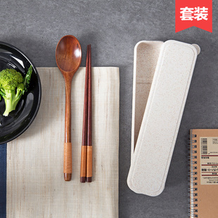 筷子餐具三件套木质勺筷收纳盒，家用成人学生便携长柄，小汤勺套装j