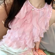 地球店甜美仙气粉色荷叶边流苏无袖衬衫女夏季设计感雪纺上衣