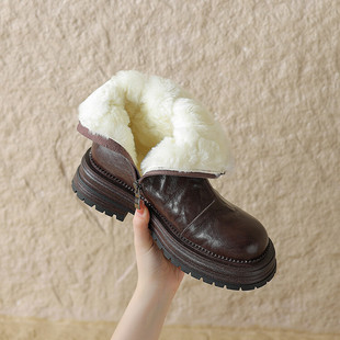 小个子羊皮毛一体厚底防滑雪地靴女真皮，羊羔毛冬季(毛冬季)加绒马丁靴短靴
