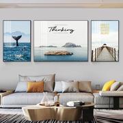 海滩客厅挂画沙发背景墙装饰画风景，大海水晶画中式山水壁画三联画