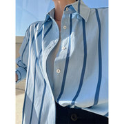 蓝色竖条纹衬衫女春秋，穿搭2024polo领衬衣女装，休闲高级感上衣