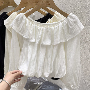 法式chic一字肩上衣女春秋高级设计感小众白色，短款荷叶边雪纺衬衫