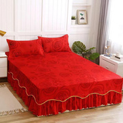 结婚大红色加厚床裙床罩单件，韩式磨毛床笠床单床套床裙保护套婚庆