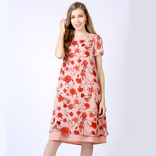 欧美大码胖mm夏季短袖红色印花雪纺，连衣裙2023欧货长裙女