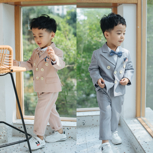 儿童西装三件套男童粉色礼服套装2021韩版春秋花童周岁小西服