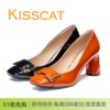 KISSCAT接吻猫2023新亮漆牛皮方头粗高跟皮带扣女单鞋KA43522-10