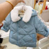 韩国童装23冬男女童宝，双排扣毛领带，帽纯色洋气羽绒服外套b4