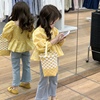 韩系童装2023春装女童洋气泡泡，袖黄色碎花衬衫儿童小香风雪纺上衣