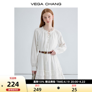 VEGA CHANG白色连衣裙女2024年春季法式优雅花边系带蛋糕裙子