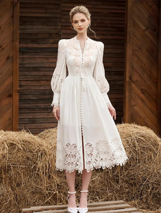 越南小众白色蕾丝花朵刺绣，镂空灯笼长袖，系带单排扣收腰显瘦连衣裙