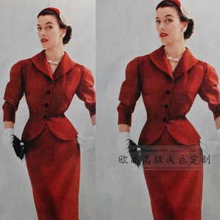 高端定制1950S复古青果领红色西装套装裙女修身显瘦通勤商务长款