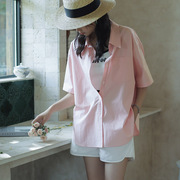 夏季法式纯棉樱花粉色衬衫小众设计感短袖尖领衬衣简约宽松上衣薄