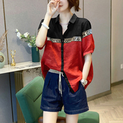 红色拼接雪纺短袖衬衫女设计感洋气减龄百搭小衫欧货高级夏季
