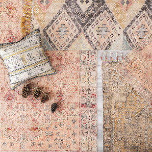 KM进口手工编织拓印欧式复古风北欧客厅卧室茶几床边纯棉地毯地垫