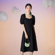lucidy鲁思蒂黑色短袖，连衣裙2023女夏季气质，方领中长款a字裙