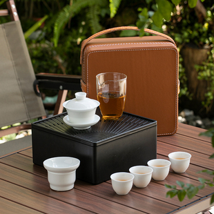 德化白瓷功夫旅行茶具茶盘，套装家用盖碗，泡茶杯储水盘陶瓷logo定制