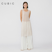 cubic慵懒感叠穿圆领无袖，宽松镂空编织针织背心连衣裙