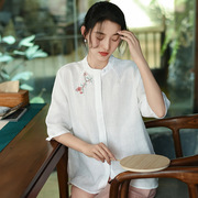 夏季女装短袖亚麻纯色衬衫女新中式轻国风上衣刺绣复古风棉麻衬衣