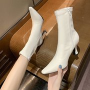 白色加绒短靴女2023春秋季时装靴子尖头细跟高跟鞋中筒马丁靴