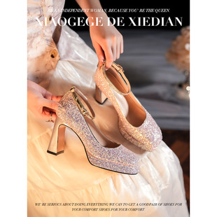 法式香槟色玛丽珍婚鞋新娘鞋，2024年春秋季粗跟高跟鞋女订婚水晶鞋