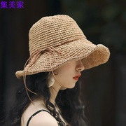 草帽女夏天太阳帽大沿可折叠卷边遮阳帽出游沙滩帽蝴蝶结休闲凉帽