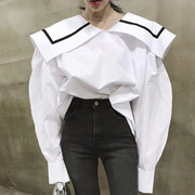 韩国chic秋季法式洋气海军领撞色设计感宽松休闲长袖衬衫上衣女