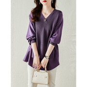 衣品乐紫色衬衫拼接针织衫2024年女装宽松欧货春秋假两件上衣