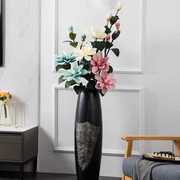 落地花瓶大号黑色手工陶瓷，摆件现代简约客厅装饰欧式干花插花套装