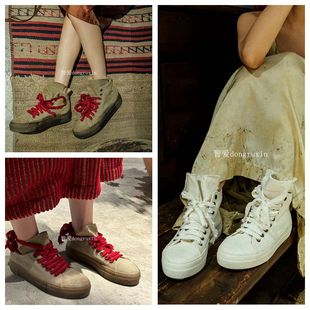 Uma Wang帆布鞋做旧高帮低帮圆头系带平底休闲低跟男女款板鞋