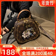 香港品牌女包2023高级真皮手提小圆，包流行(包流行)带钻迷你单肩斜挎包