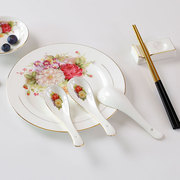 唐山骨瓷调羹陶瓷小汤勺子，汤匙家用喝汤小马戈金边花朵创意瓷饭勺
