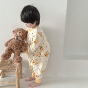 宝宝春季纯棉长袖睡袋儿童，卡通护肚防踢被男孩连体睡衣女童连身衣