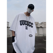 UUCSCC夏季美式嘻哈字母印花圆领短袖潮牌宽松大码半袖五分袖T恤