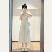 高级感白色连衣裙女夏季温，柔风小个子法式泡泡，袖v领收腰显瘦长裙