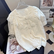 2023夏季法式v领小白花，蕾丝衬衫女高级感气质白色雪纺上衣潮