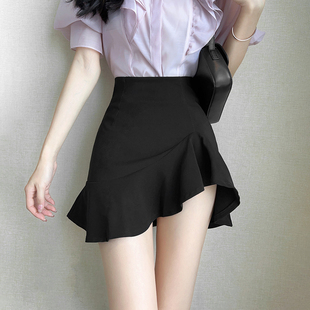 黑色高腰性感半身裙，女2023秋季韩版纯色，鱼尾裙紧身荷叶边短裙