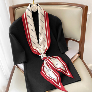 红色复古字母丝巾女小长条装饰小领巾搭配衬衫，飘带韩国腰带发带