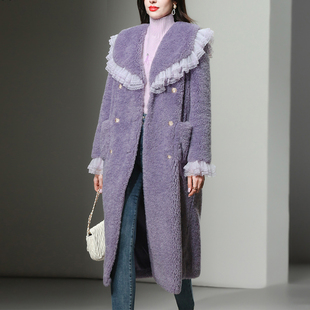 2023冬季欧美时尚，复古花边大翻领双排扣紫色，中长款皮草外套