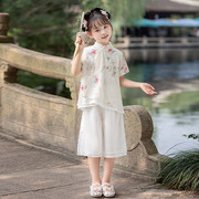女童短袖雪纺刺绣汉服，2024中国风套装宝宝上衣，裙子儿童民族仙女
