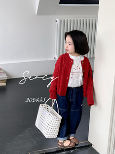 韩版2024春秋款女童，洋气红色镂空长袖针织，开衫上衣儿童休闲牛仔裤