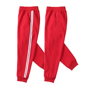 儿童红色运动裤夏季薄男女童纯棉卫裤宽松长裤子小学生两条杠校服