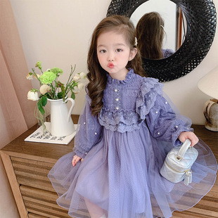 韩国童装女童连衣裙秋冬洋气宝宝紫色长袖公主裙女孩网红蓬蓬纱裙