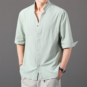衬衫男士短袖2023年棉麻，七分袖衬衣外套夏季修身亚麻青年男装
