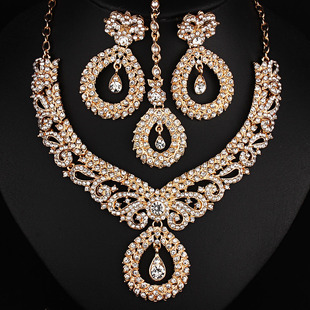 梵之语印度新娘婚礼首饰，水钻项链耳环眉心，坠三件套装jewelryset
