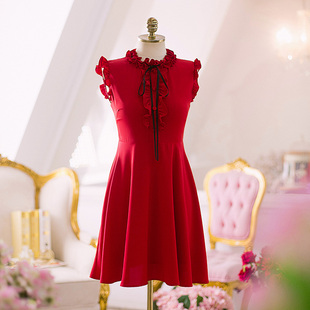 夏季桔梗裙子雪纺甜美小个子显瘦修身无袖红色连衣裙气质仙女礼服