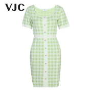 vjc威杰思春夏女装，绿色圆领针织，拼接小香风减龄连衣裙