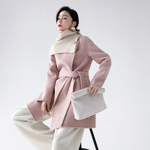 AKSAYA高级设计感不规则气质双面呢外套带围脖粉色羊毛大衣女秋冬
