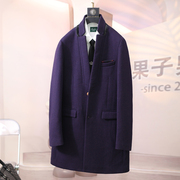 秋冬立领羊毛呢子外套紫色，大衣商务修身中长款夹棉厚实男上衣d36