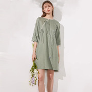 亚麻复古中式斜襟领口连衣裙优雅精致手工绣花果绿色文艺气质中裙